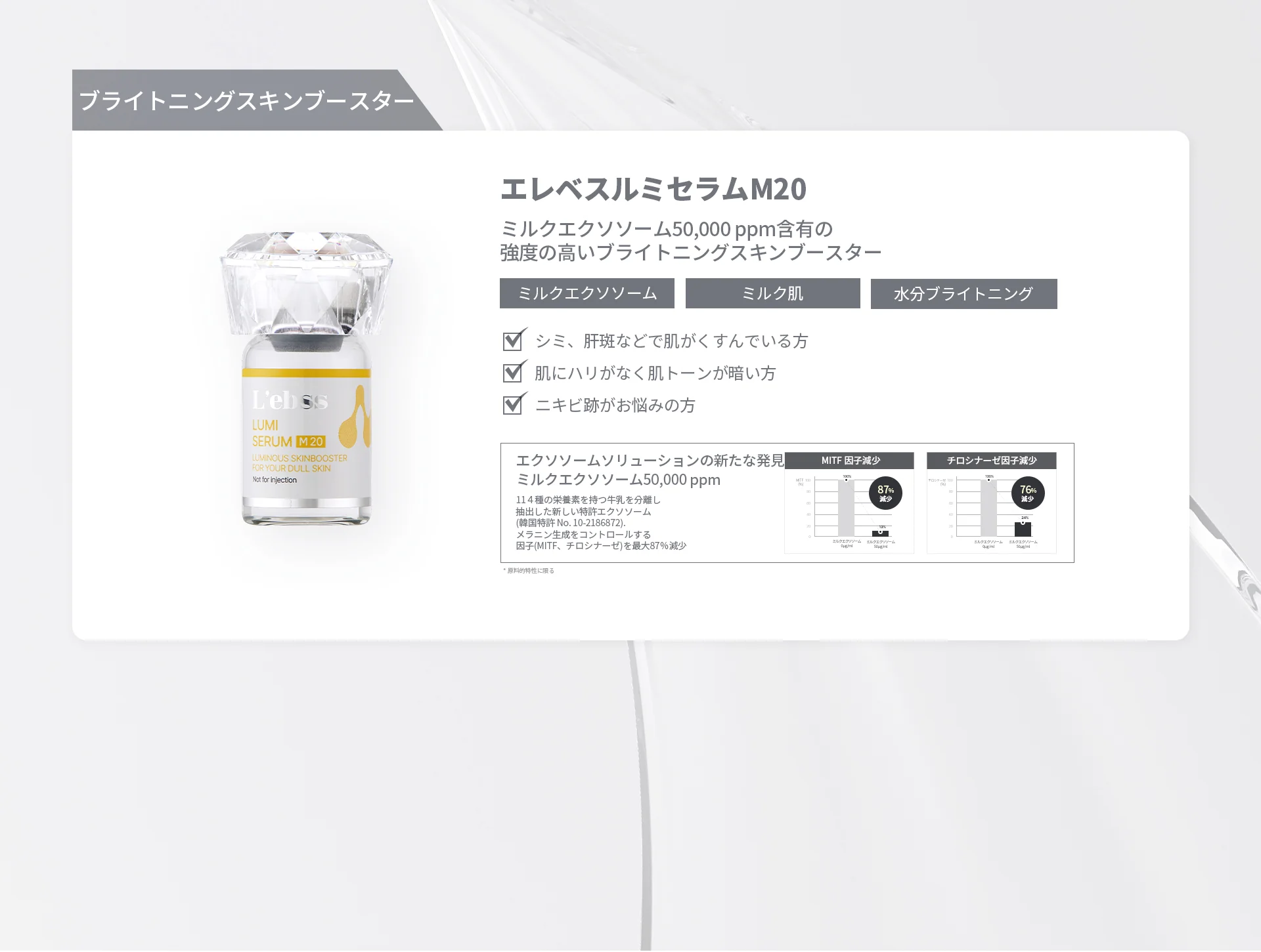 エレベスルミセラムM20のボトル。ミルクエクソソーム50,000ppm含有のブライトニングスキンブースター。