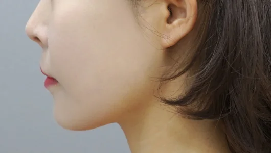 女性の横顔、顔のラインと肌の質感を示す