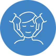 青い円の中に、顔をマッサージする手の白い線画アイコン