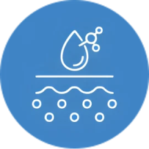 青い丸の中に、水滴と分子、肌の層を表すアイコン。