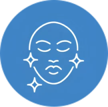 青い円の中に、顔の輪郭と目のアイコン、輝く星のアイコンがある。