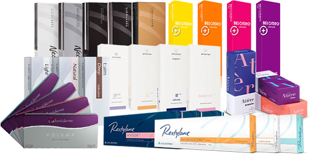 各種ヒアルロン酸フィラー製品のパッケージ