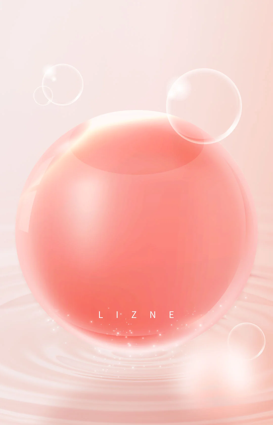ピンク色の球体と水面の波紋、ブランド名「LIZNE」