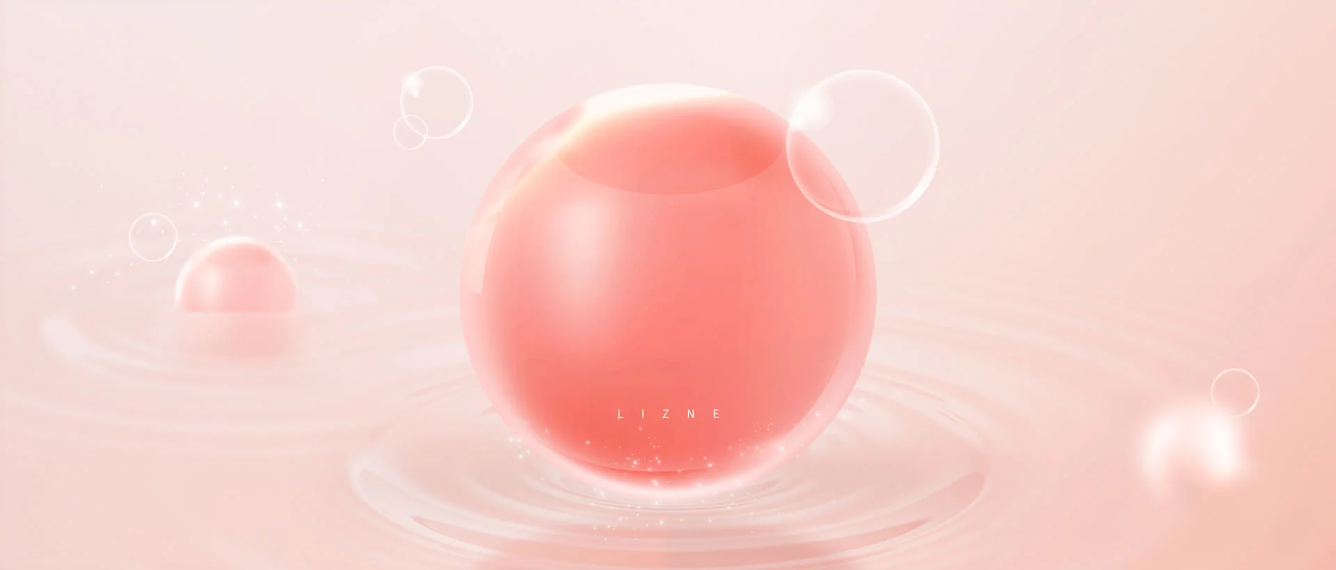 ピンク色の球体と水面の波紋、透明な球体が浮かぶ抽象的な背景。