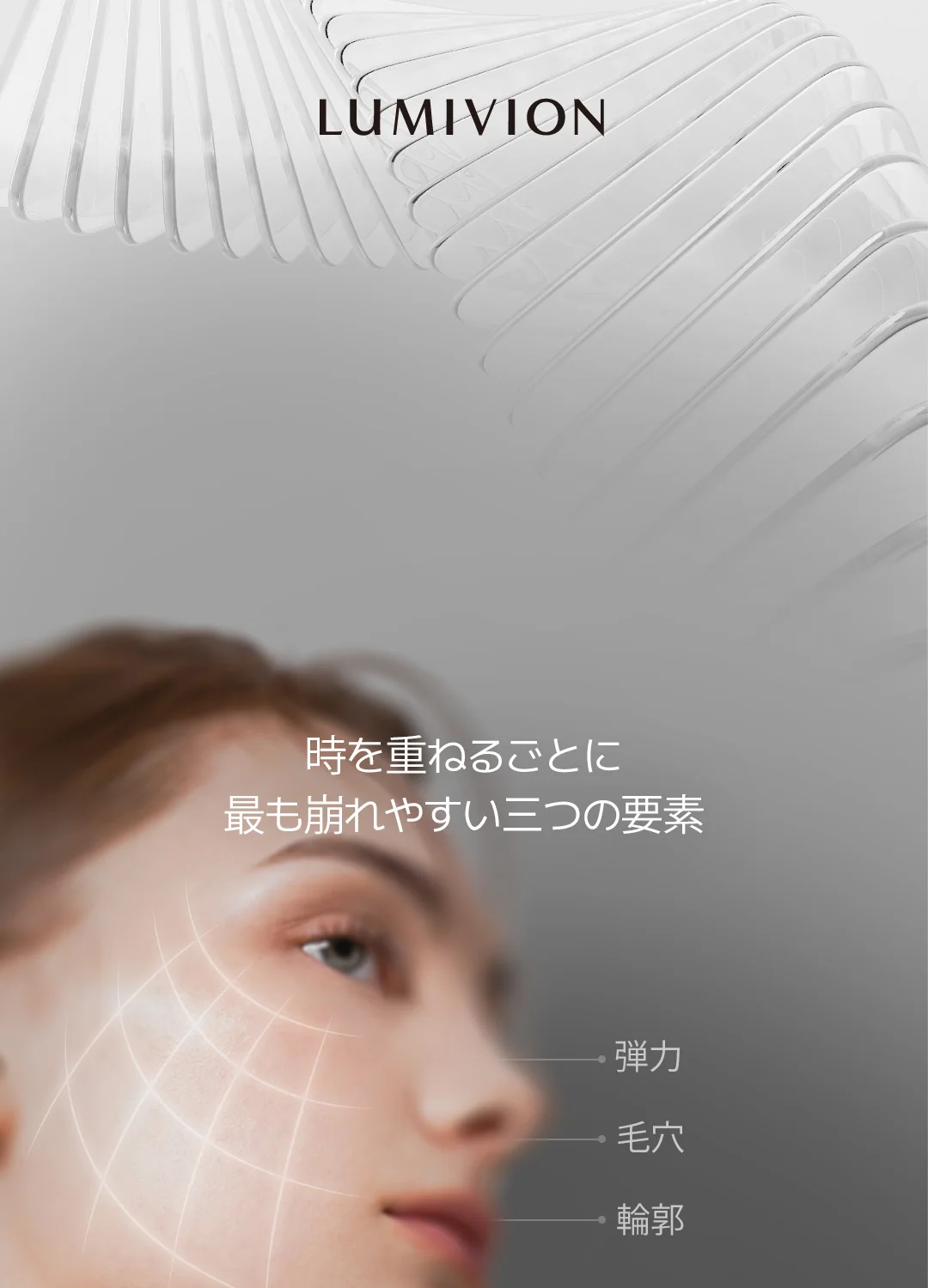 女性の顔に弾力、毛穴、輪郭のケアを示す線画。