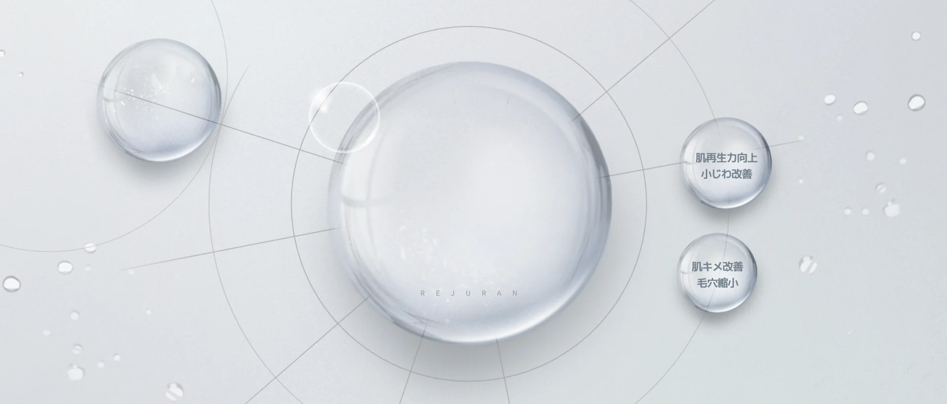 水滴と円形の図で、肌の再生力向上、小じわ改善、肌キメ改善、毛穴縮小の効果を示唆。